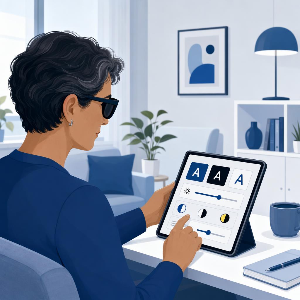 Persona con baja visión usando herramientas de accesibilidad digital en tablet