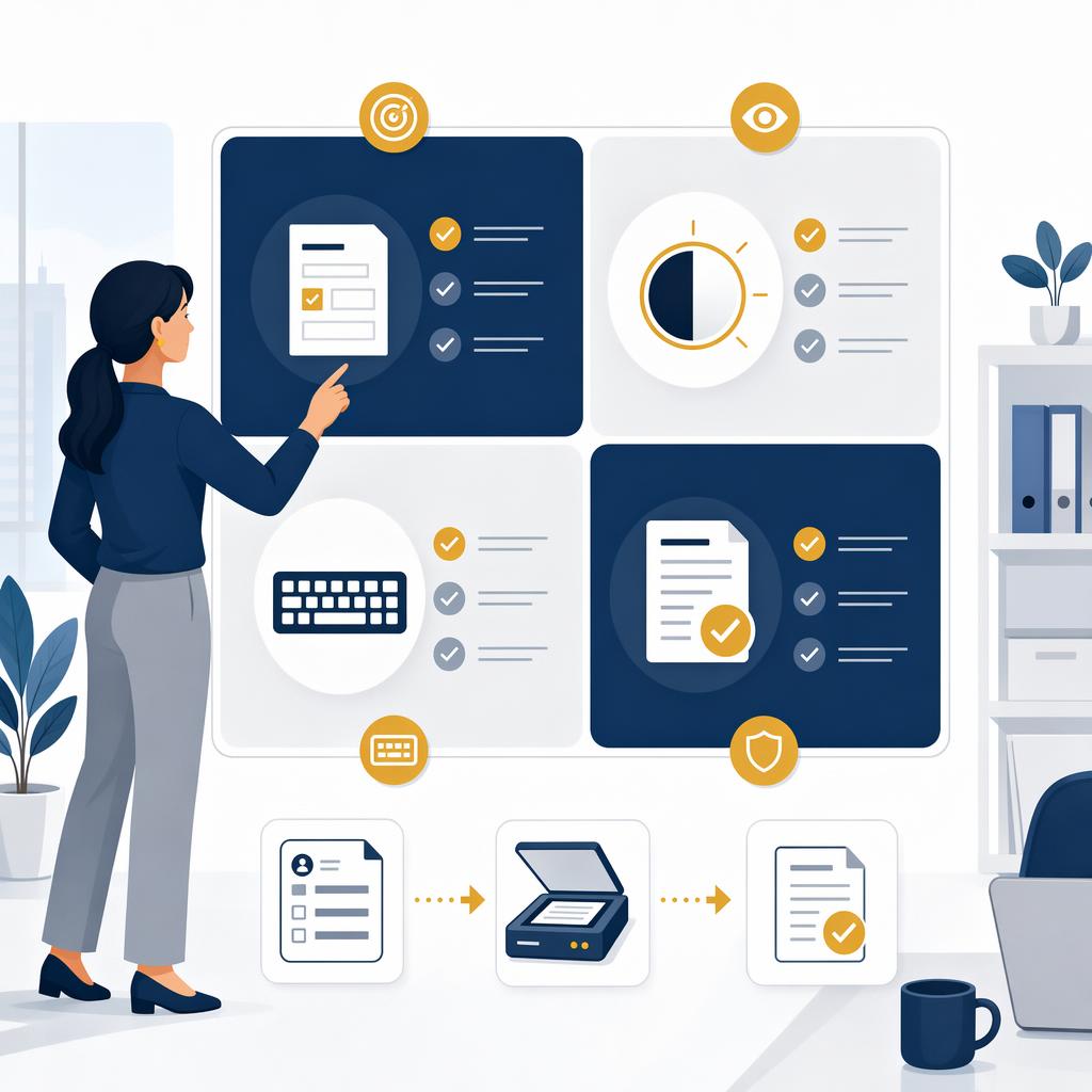 Ilustración de una matriz de prioridades de accesibilidad web para pymes con una persona revisando una web y una lista de mejoras