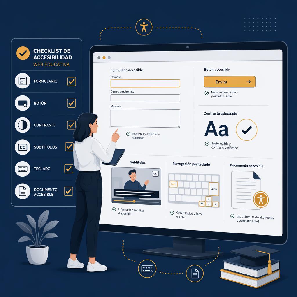Ilustración de un checklist de accesibilidad educativa con iconos de visión, navegación, lectura y documentos