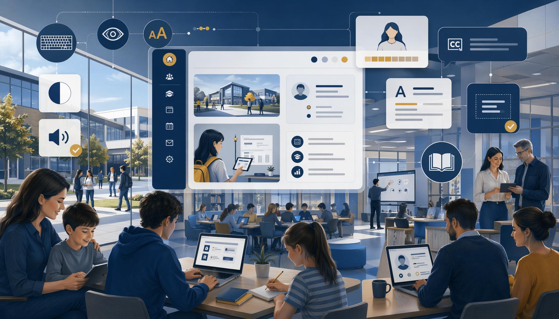 Ilustración de una familia y un alumno frente a una web educativa con barreras digitales visibles