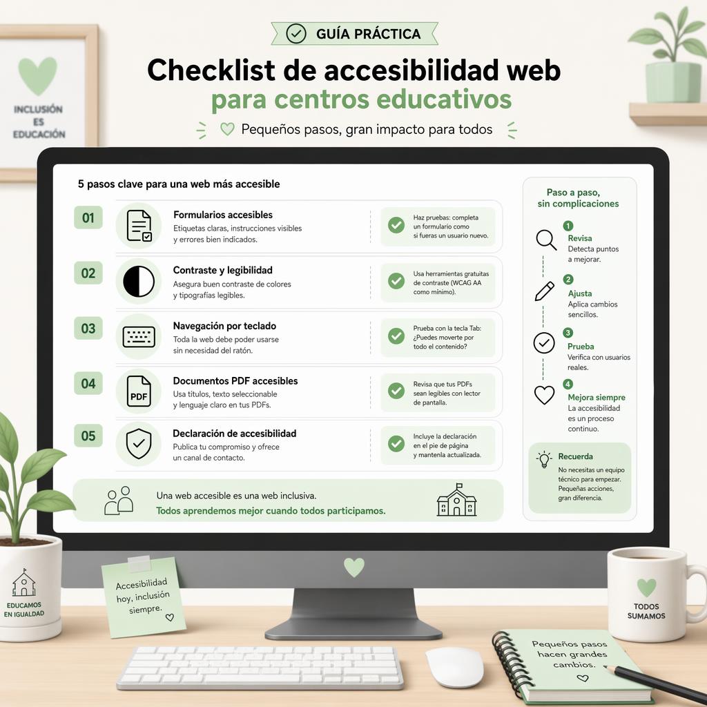 Checklist de accesibilidad web para colegios con formularios, contraste y navegación por teclado